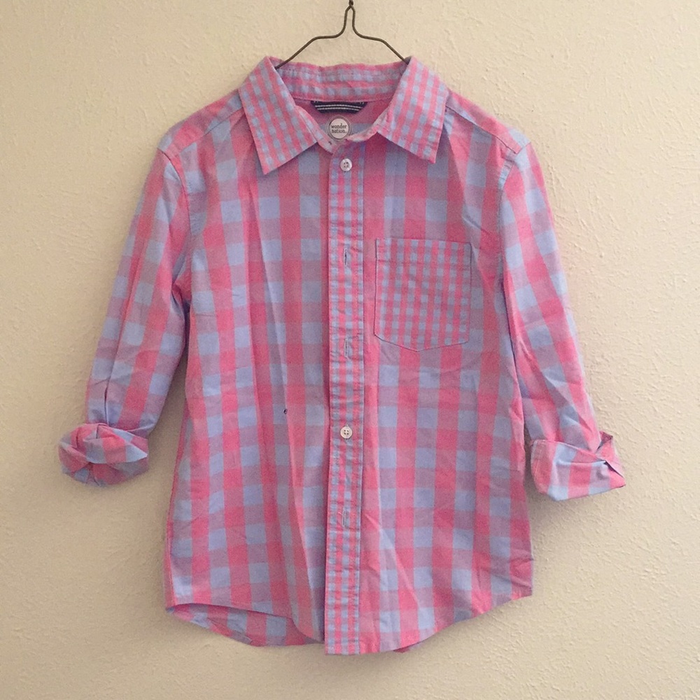 Boys Pink and Blue Plaid Button-Up Shirt
